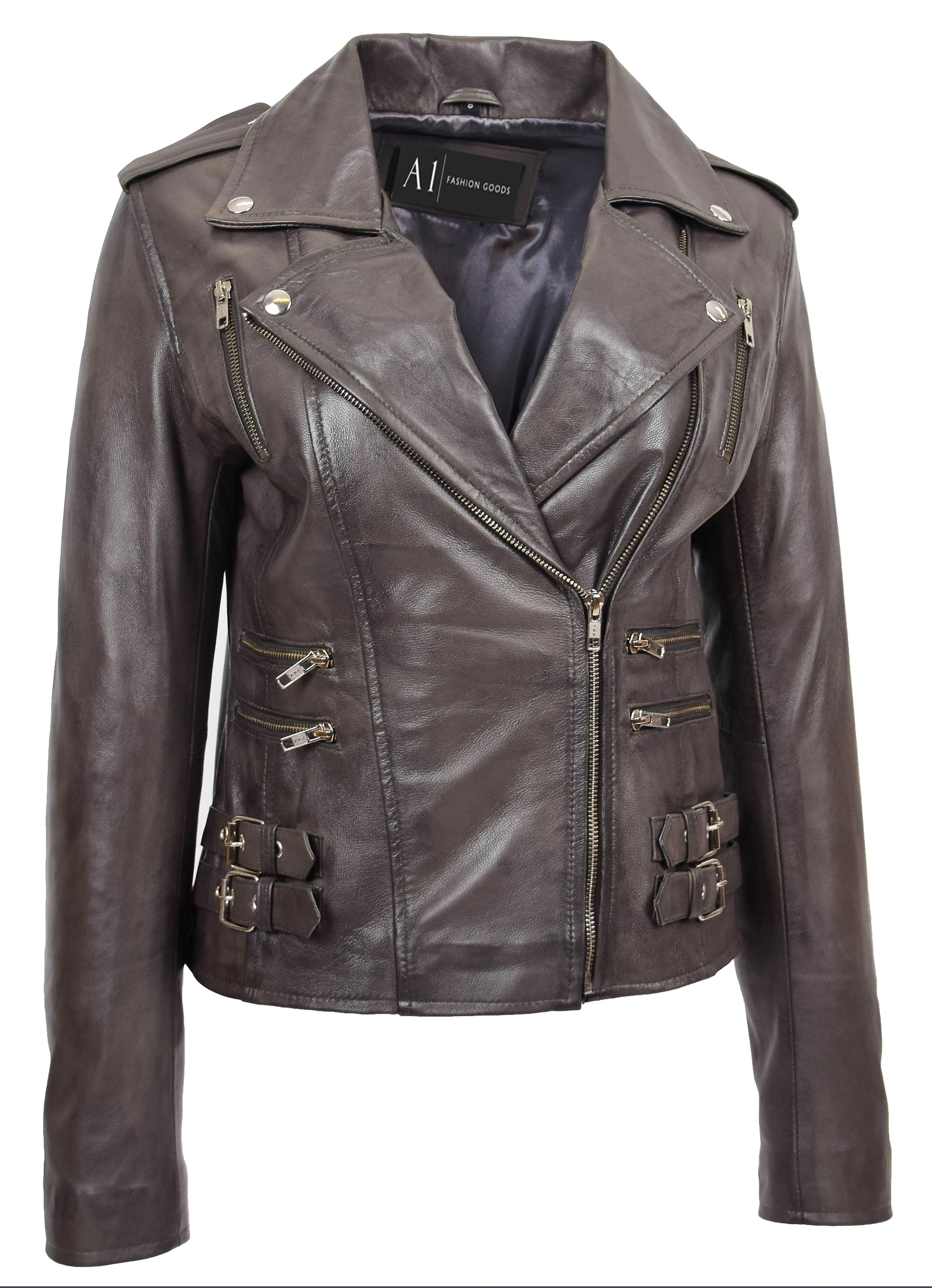 Womens Trendy Biker Leather Jacket Beyonce Grey