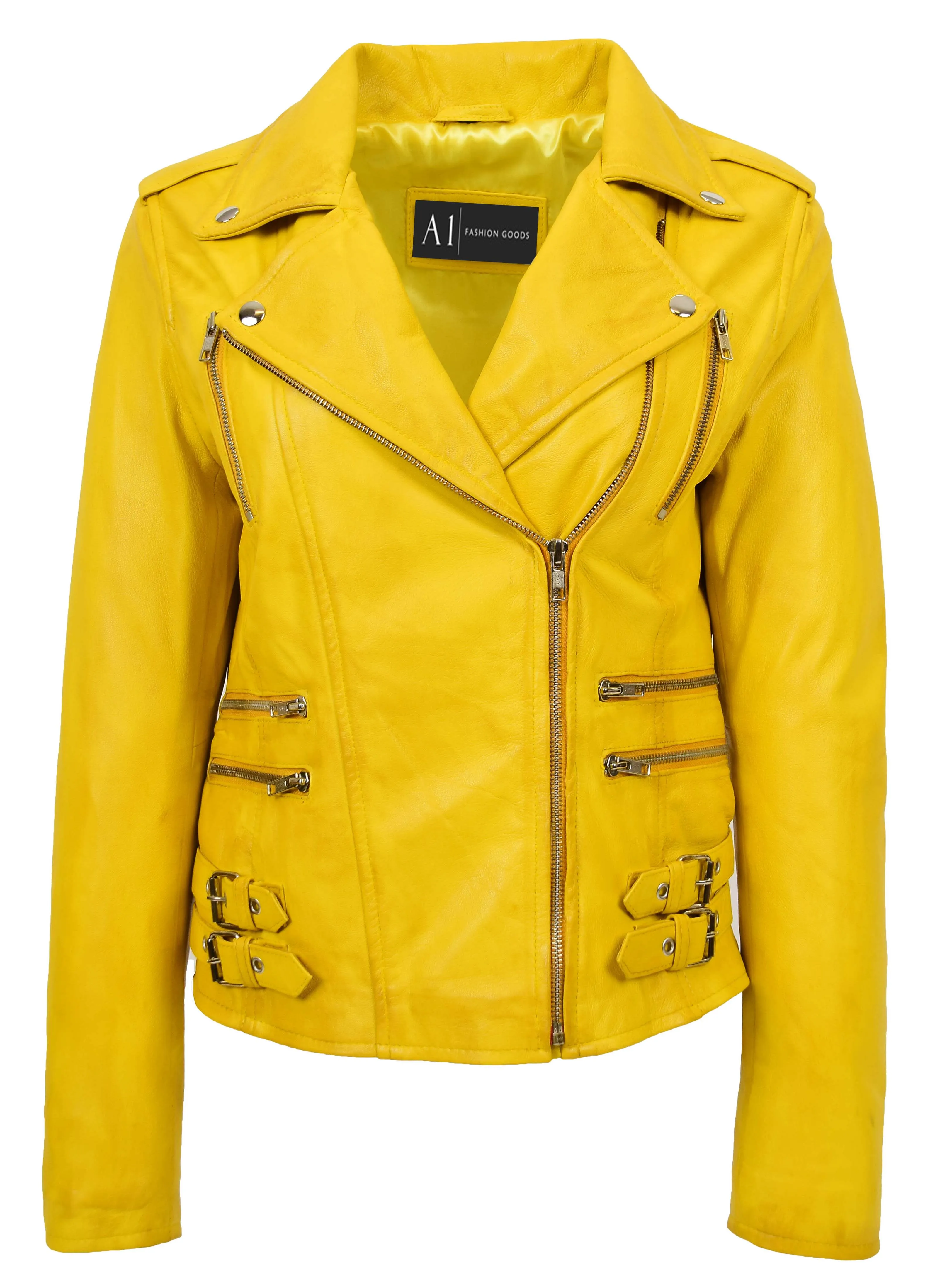 Womens Trendy Biker Leather Jacket Beyonce Yellow Vintage