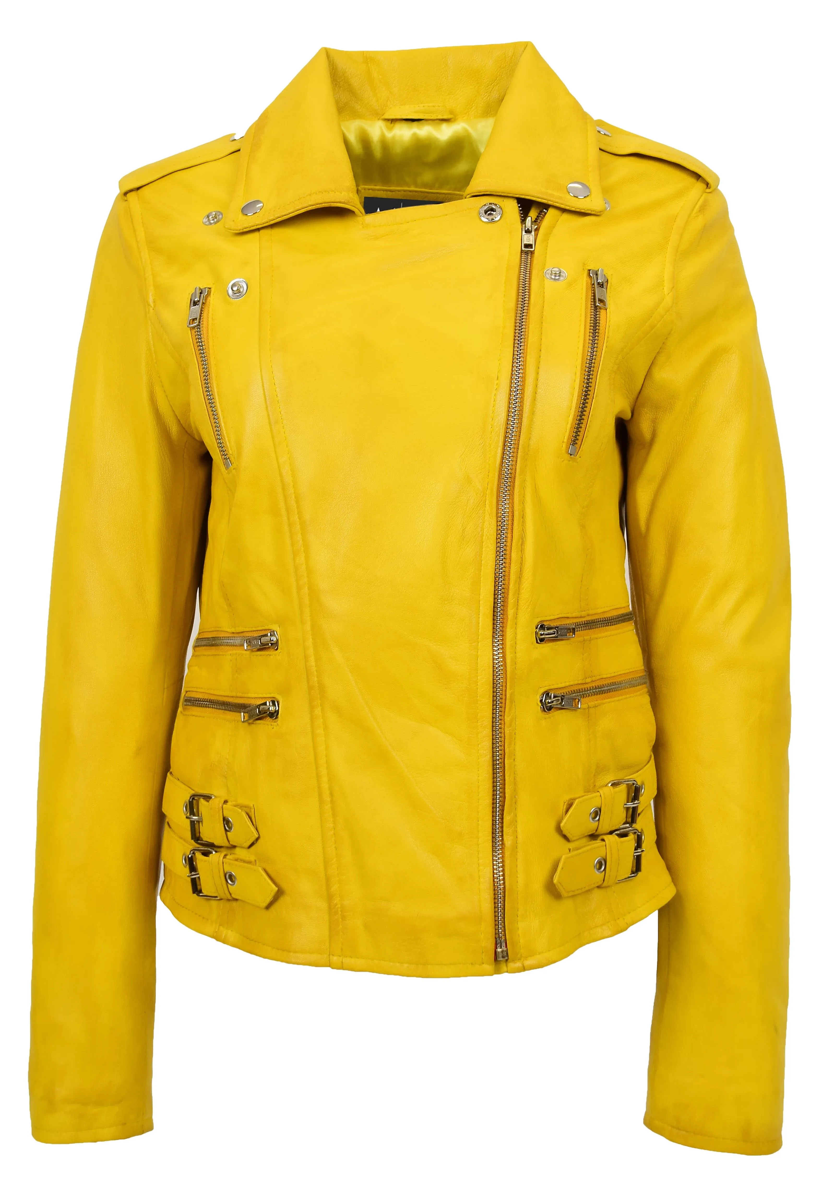 Womens Trendy Biker Leather Jacket Beyonce Yellow Vintage