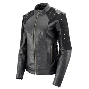 Xelement Women's Scuba Black Leather Motorcycle Biker Jacket with Reflective Wings and Studs XS22001