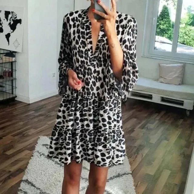 ZJASXMS Style Print Retro Ruffle Short or Long Length Dress